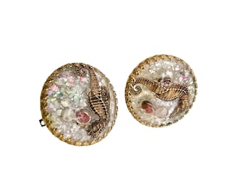 Vintage Lucite Confetti Seahorse Clip Earrings (A9211)