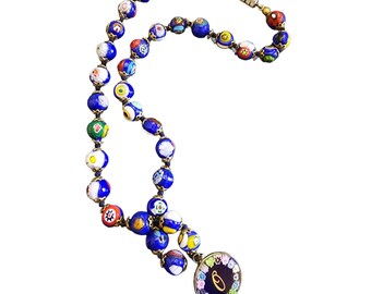 Vintage Millefiori Glass Beaded Necklace with Pendant (A2069)