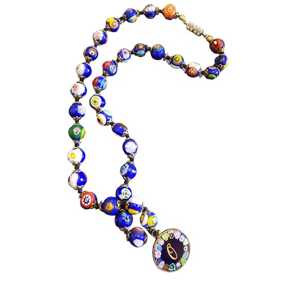 Vintage Millefiori Glass Beaded Necklace with Pen… - image 1