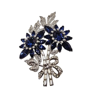 Antique Rare Superb 40s Cast Rhinestone Double Flower Brooch (A8889)