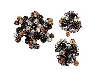 Vintage Unsigned Rhinestone Crystal Dangling Brooch Set (A1306)