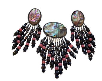 Vintage Chipita 80s Abalone Shell Crystal and Glass 3-Piece Dangling Set (A9330)