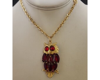 Vintage Super Cute Glass Rhinestone Articulating Owl Pendant Necklace (A3948)