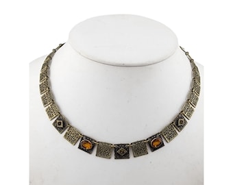 Antique Art Deco Filigree Brass & Bezel Set Glass Articulating Necklace (A3254)