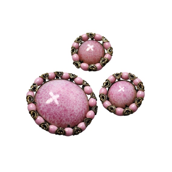 Vintage Pink Speckled Czech Glass Brooch and Earr… - image 3