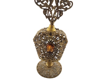 Vintage Czech Filigree Faceted Glass Cabochon Perfume Bottle (A6373)