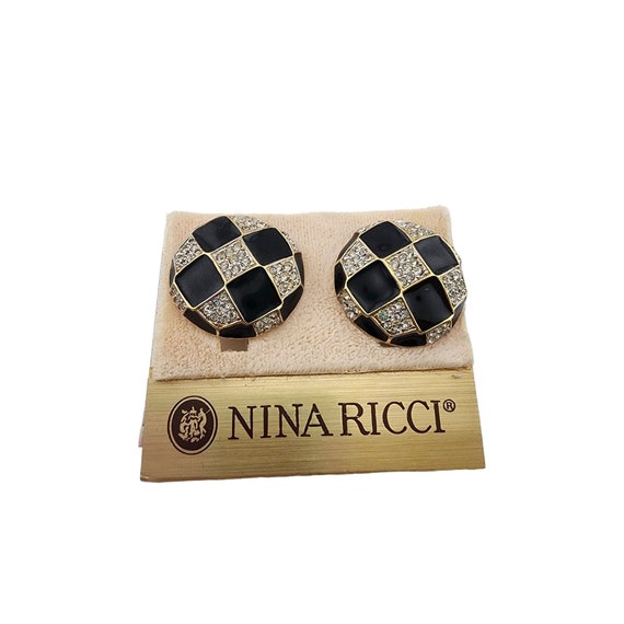 Vintage NOS Nina Ricci Rhinestone Enamel Earrings… - image 1