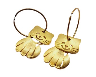 Vintage Signed Ultra Craft Cat Hoop Earrings (A695)