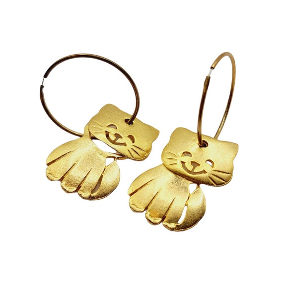 Vintage Signed Ultra Craft Cat Hoop Earrings (A69… - image 1