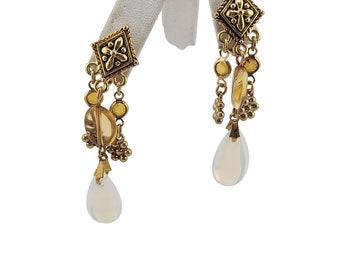 Vintage Fleur De Lis Clip Earrings With Moonstone (A3840)