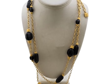 Vintage Long Signed KL Karl Lagerfeld Resin Beaded Matte Gold Necklace (A9146)