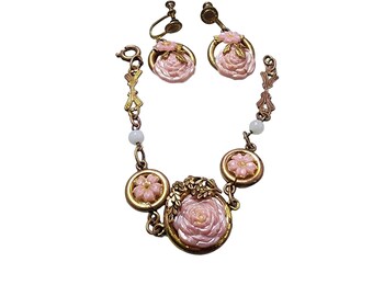 Antique Unusual Carved Glass/Stone Flower Bracelet Set w/ Brass Detailing A2974