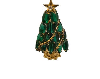 Vintage Unsigned Standing Glass & Rhinestone Christmas Tree Brooch (A8047)