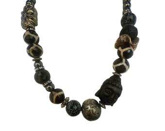 Vintage Hematite & Semi Precious Buddha Head Necklace by Bee Charming (A4062)