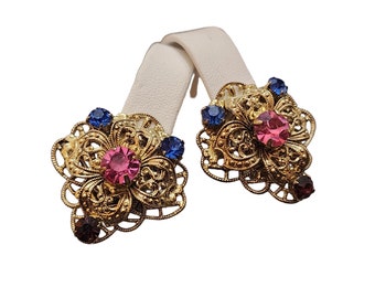Vintage Filigree & Jeweled Clip Earrings (A2344)
