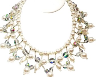 Vintage 1980’s Pearl Crystal Fabulous Bib Necklace (RL-331)