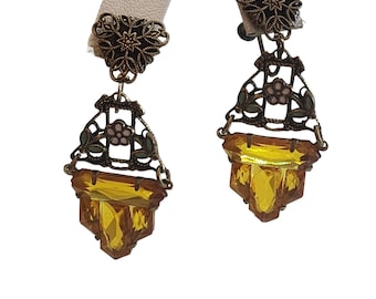 Antique Czech Glass & Enamel Screw Back Clip Earrings (A2418)