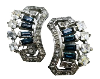 Early Trifari Blue Baguettes And Rhinestone Clip Earrings (A7833)