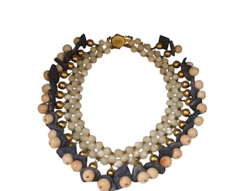 Vintage Signed Miriam Haskell Semi Precious and Glass Bib Necklace (A9320)