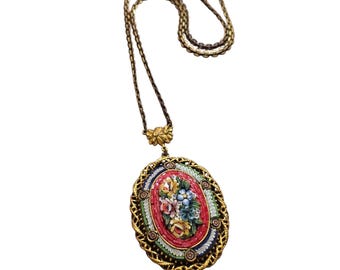 Beautiful Mosaic And Brass Deco Pendant Necklace (A8627)