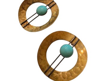 Vintage Coppery Brass Glass MCM Pierced Earrings - Mixed Media (A9739)