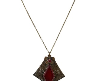 Vintage Faceted Glass Brass Pendant Necklace (A3389)