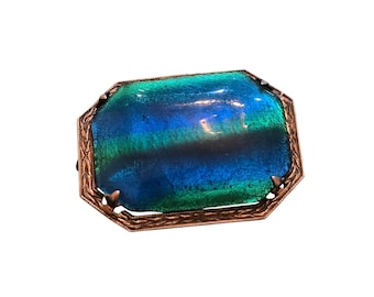 Stunning Antique Peacock Glass Sterling Brooch (A10100)
