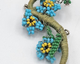 Antique Hand Wired Glass Beaded Wrapped Floral Branch Brooch Pin