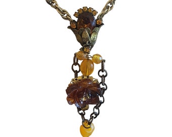 Unusual Vintage Glass & Acrylic Brass Flower Necklace (A1914)