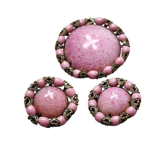 Vintage Pink Speckled Czech Glass Brooch and Earr… - image 1