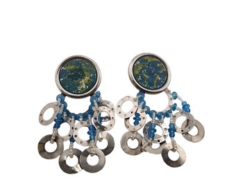 Vintage 80s Resin & Glass Dangle Clip Earrings (A3831)