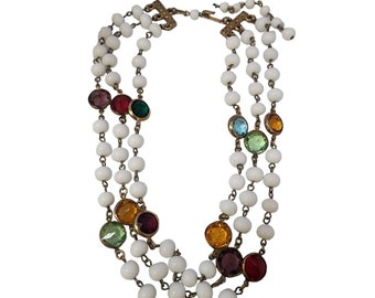 Vintage Signed Reinad Milk Glass Crystal Necklace (A4522)