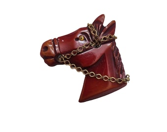 Antique Beautiful Bakelite Horse Head With Chain Brooch (A2871)