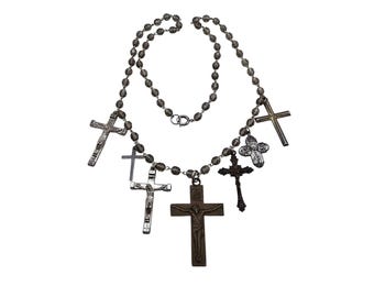 Vintage Multi Cross Charm & Crystal Rosary Necklace (A8655)
