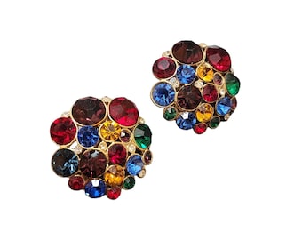 Vintage 80s Glass Jeweled Rhinestone Clip Earrings (A2340)