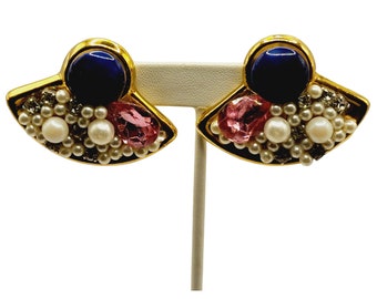 Vintage Signed 80s Acrylic & Glass Retro Earrings (A552)