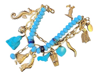 Vintage Bee Charming NOS Semi Precious Crystal & Chain Charm Bracelet (A2768)