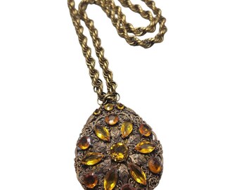 Antique Huge Art Deco Glass Stone Pendant On Heavy Rope Chain Necklace (A3082)