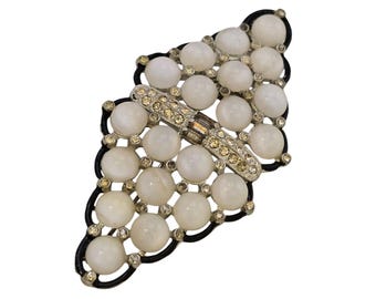 Stunning Art Deco Enamel & Glass Moonstone Brooch (A6777)