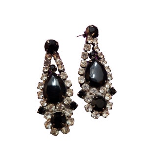 Vintage zwarte heldere strass kroonluchter doorboorde oorbellen (A2024)