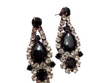 Vintage Black Clear Rhinestone Chandelier Pierced Earrings (A2024)