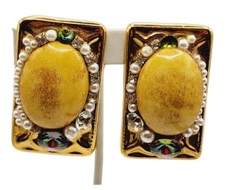 Vintage 80s Porcelain Jeweled Clip Earrings (A545)