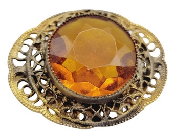 Antique Czech Glass Brass w/ Saw Tooth Bezel Brooch (A352)