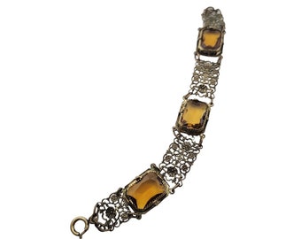 Vintage Bezel Set Faceted Glass Brass Czech Style Bracelet (A3325)