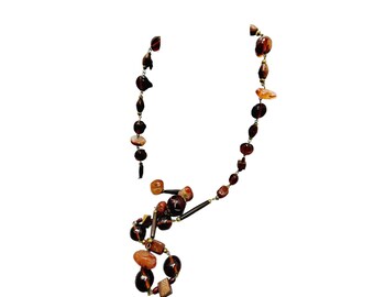Vintage Wood Glass & Natural Carnelian Beaded Necklace (A1124)