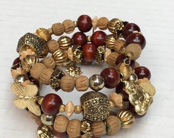 Wooden beaded wrap bracelet with charms