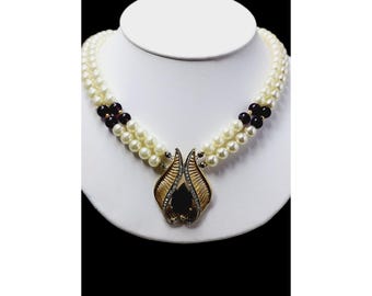 Vintage 80s Glass & Pearl Pendant Necklace Attributed to Panetta (A2555)