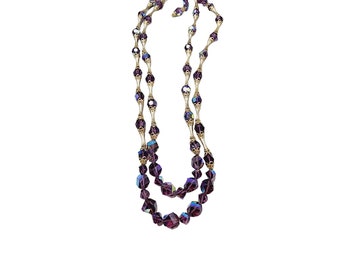 Vintage Heavy Faceted AB Crystal & Brushed Gold Tone Tubular Beaded Necklace