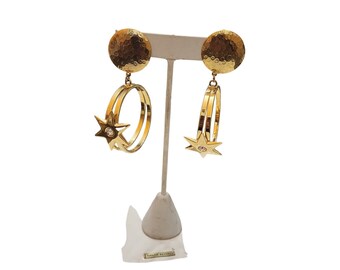 Vintage 80s Made in Italy Star Hoop Clip On Earrings with Original Card (A2998)
