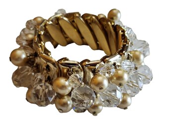 Vintage Japan Wide Crystal & Pearl Expansion Cha Cha Bracelet (A1962)